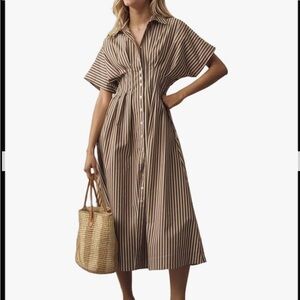 Striped Button-Front Midi Dress in Brown and Cream